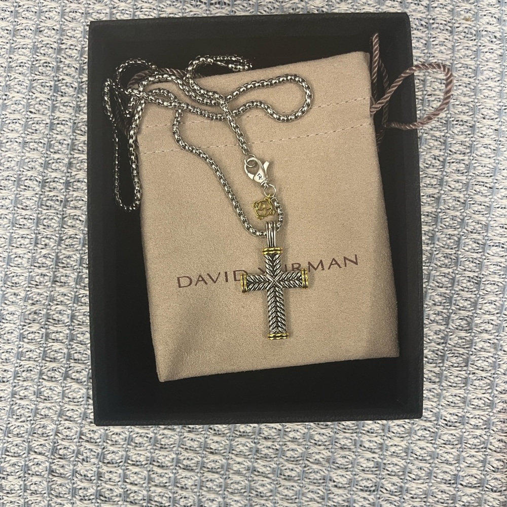 David Yurman Silver Cross Pendant with Gold Accent Tag